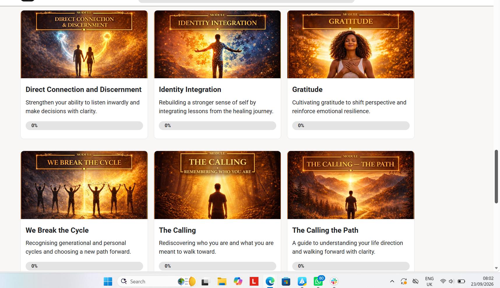 Academy modules on Direct Connection and Discernment, Identity Integration, Gratitude, Breaking the Cycle, and The Calling