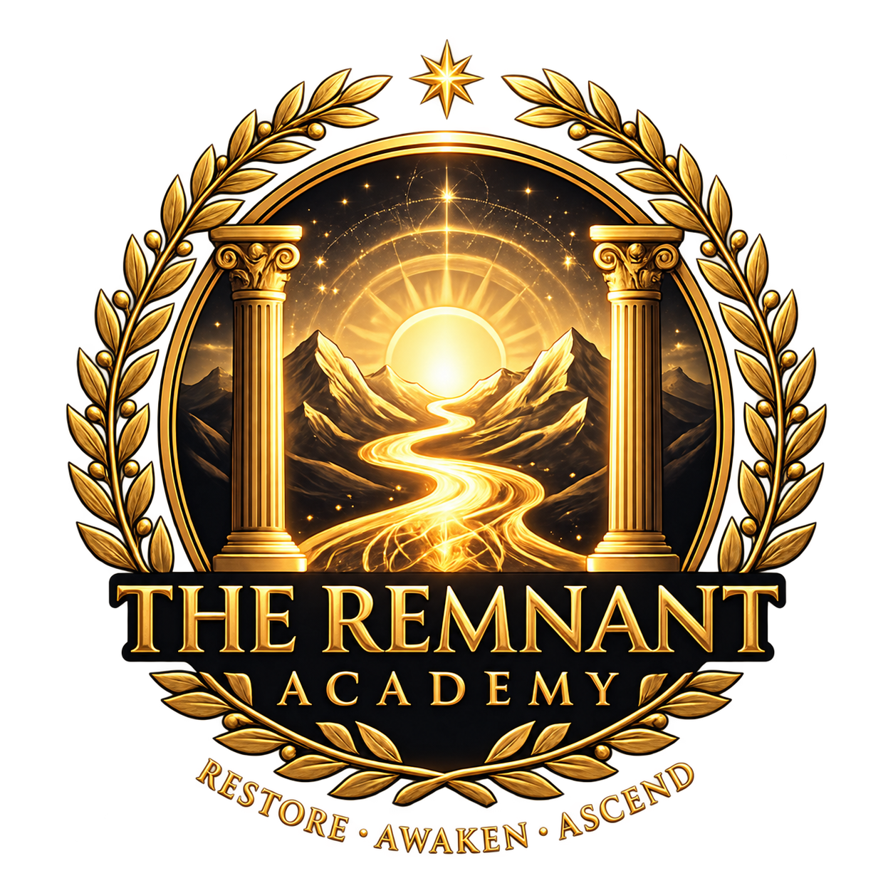 The Remnant Academy logo: a luminous golden path between mountains, framed by pillars and a laurel wreath