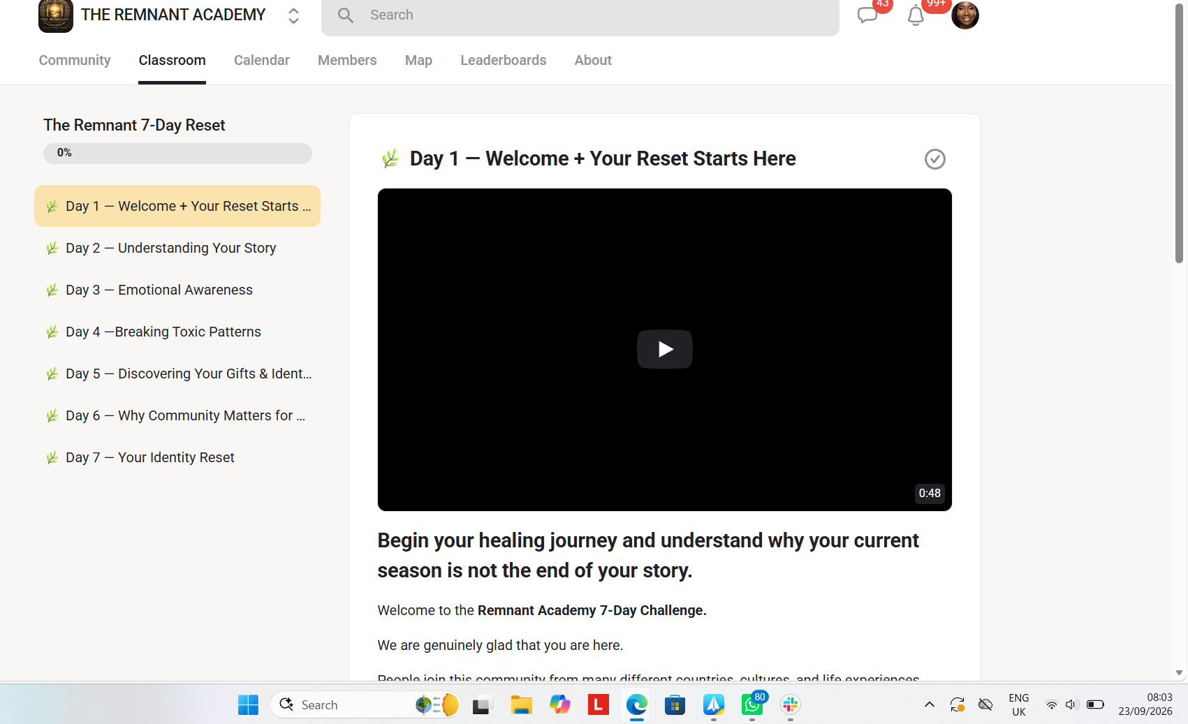 Actual Remnant 7-Day Reset classroom showing daily lessons and the Day 1 welcome video